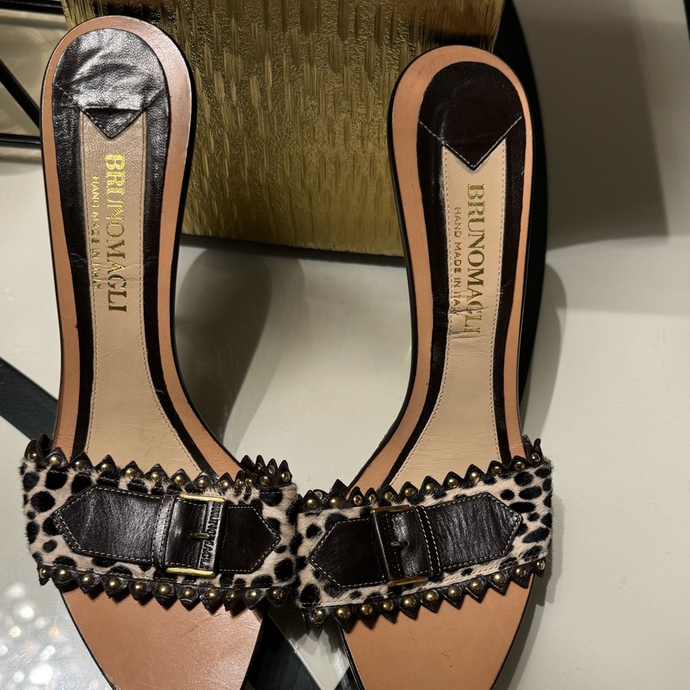 Bruno Magli Black and Brown Mules with Metallic Buckle
